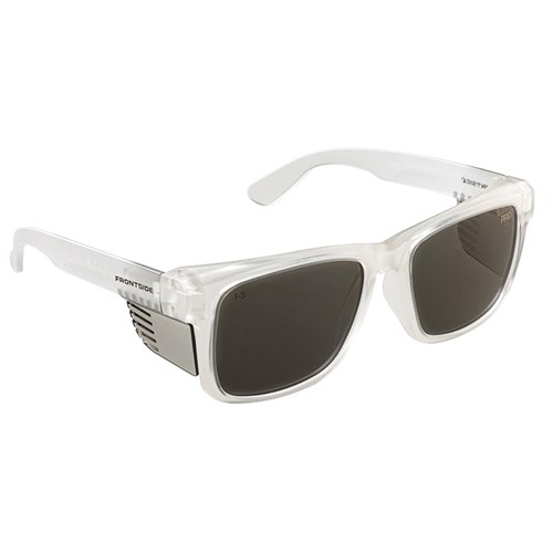 SAFETY GLASSES FRONTSIDE SMOKE LENS WITH CLEAR FRAME