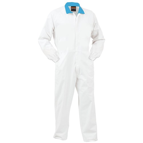 SMARTZONE Overall 240gsm Polycotton Zip White with Blue Collar (FONPCMWSZ)